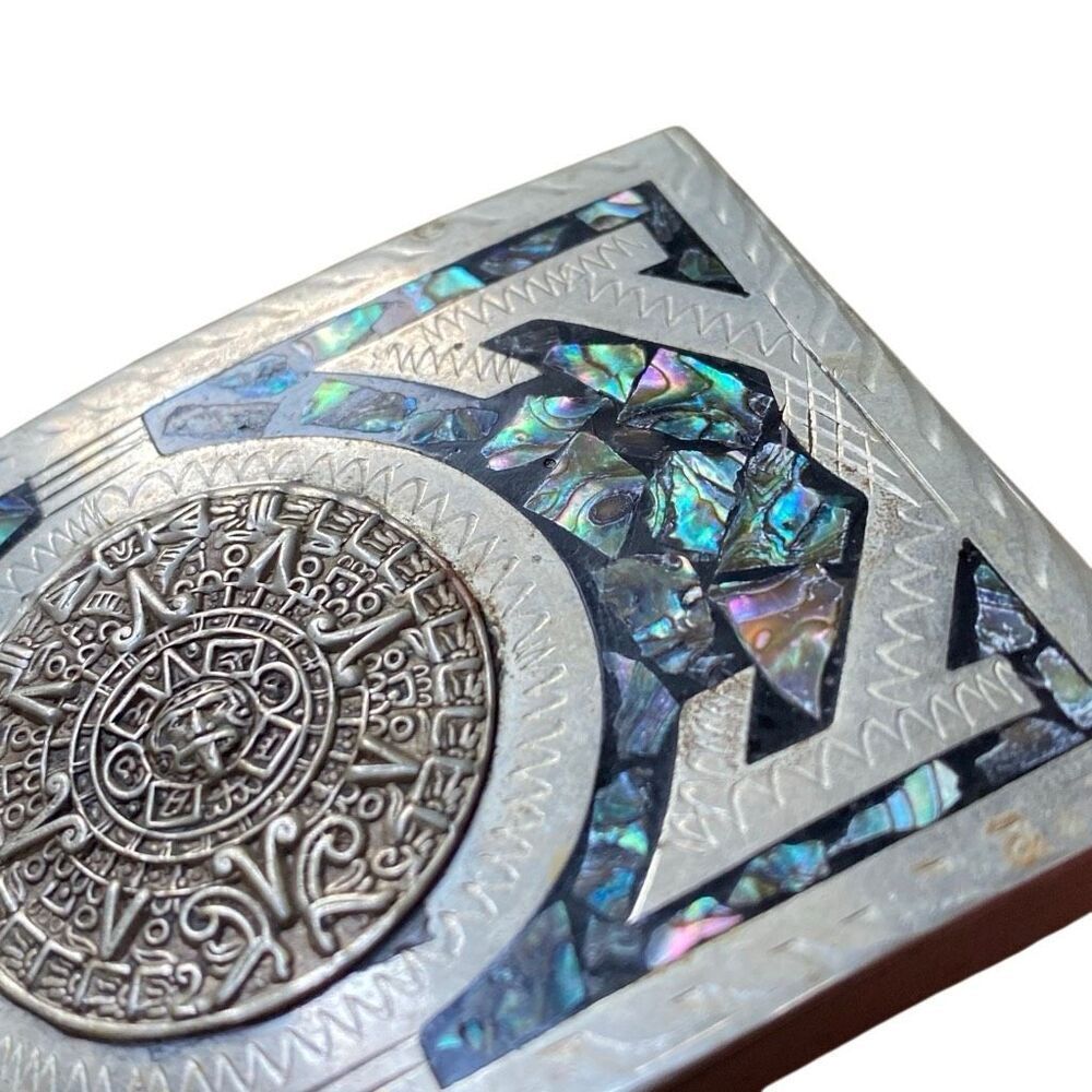 Vintage Mexican Silver And Abalone Belt Buckle Shell The Aztec Calander vtg - Picture 3 of 11